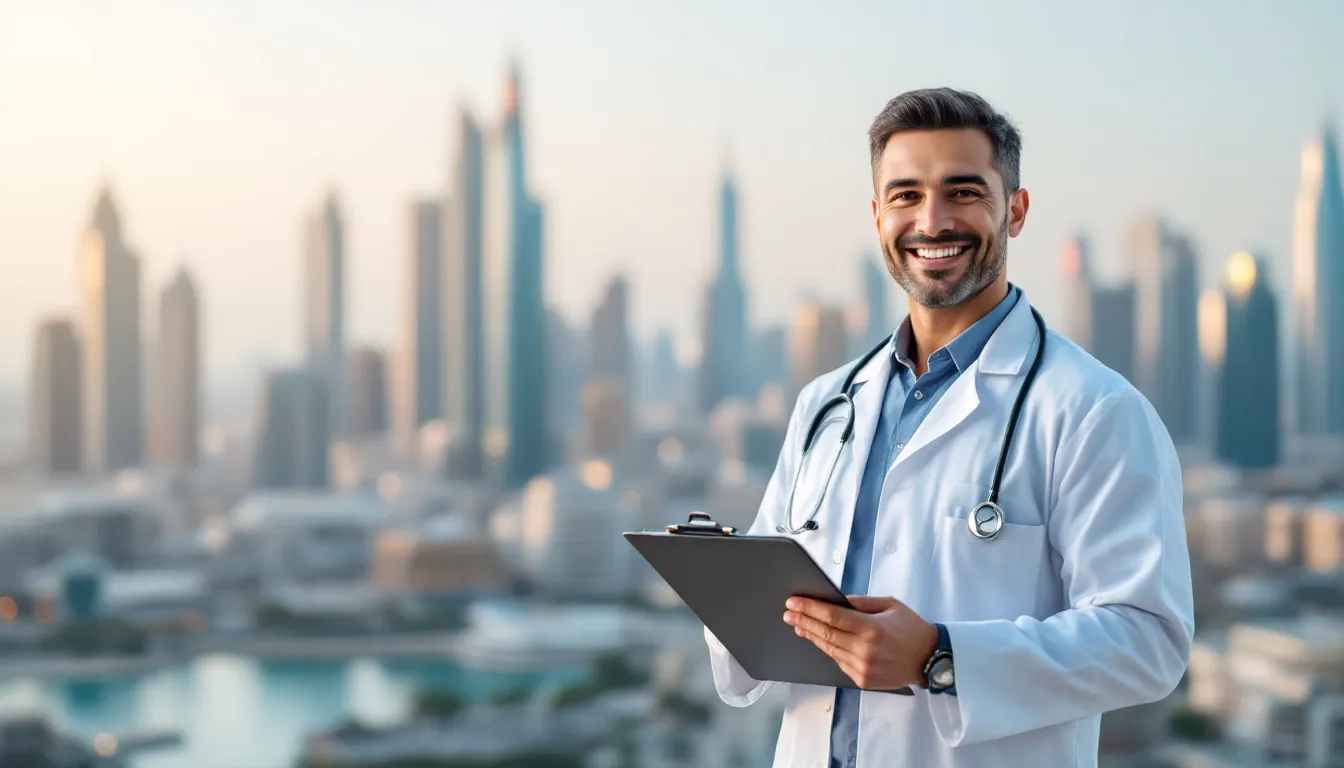 Healthcare professional with Dubai skyline representing GCC medical career opportunities