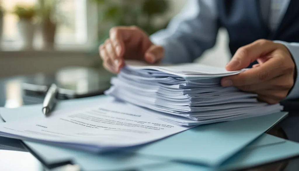 Hands organizing medical documents for GCC licensing application